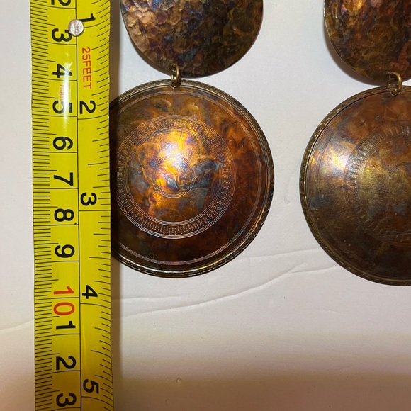 Vintage 1980s Hammered Copper/Metal Distressed Dangle Statement Earrings-Huge - Picture 4 of 8